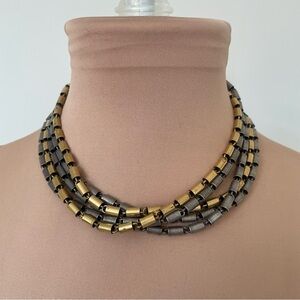 John Wind Gold Gunmetal Mixed Metal Multi Strand Tube Link Choker Necklace EUC